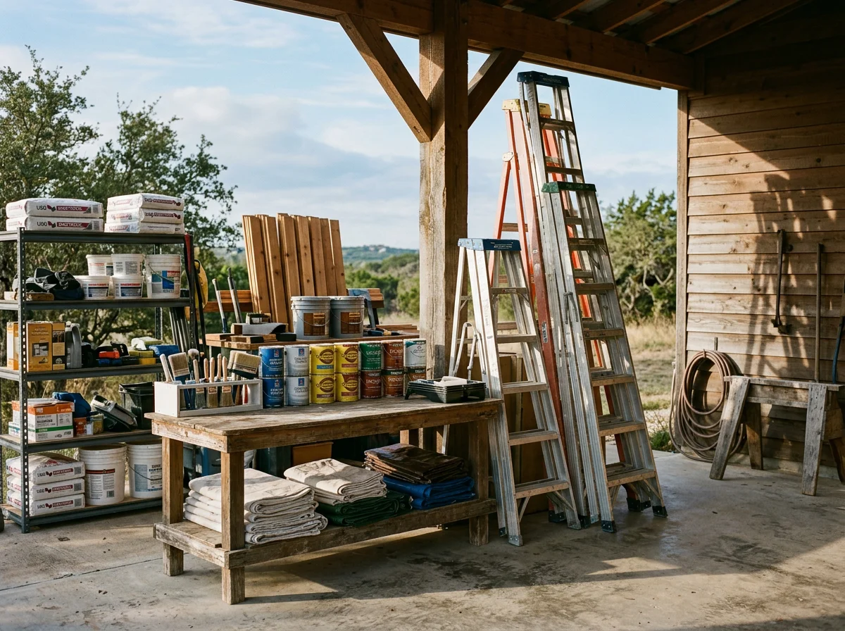 Professional painting and home improvement tools organized on a clean jobsite, ready for residential interior and exterior work.
