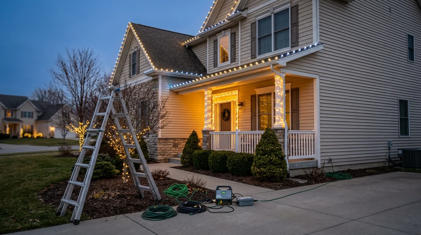 Holiday lighting installation on residential home exterior