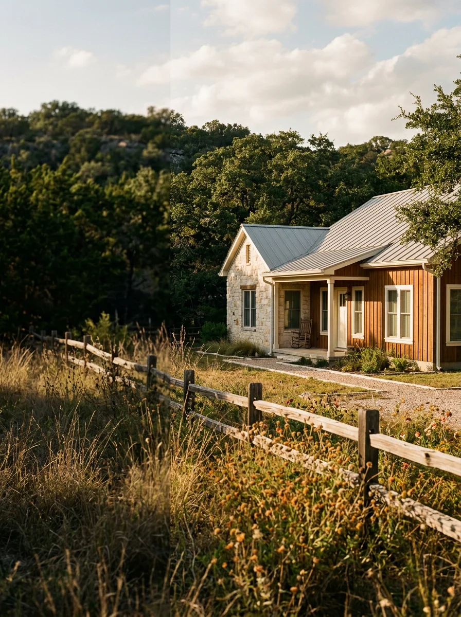Rural Driftwood property showing land features and home integration with natural surroundings.