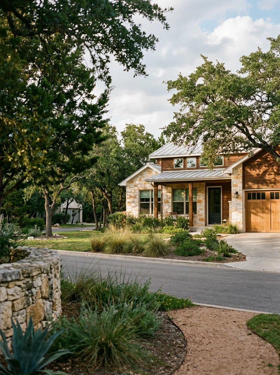 Dripping Springs property exterior showing quality construction and integration with natural Hill Country setting.