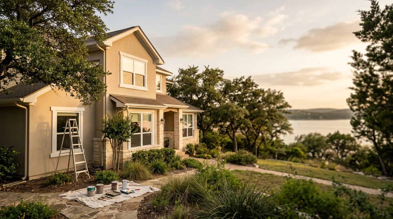 Lakeside home in Lakeway with mature trees and waterfront view, typical of the community's residential character.