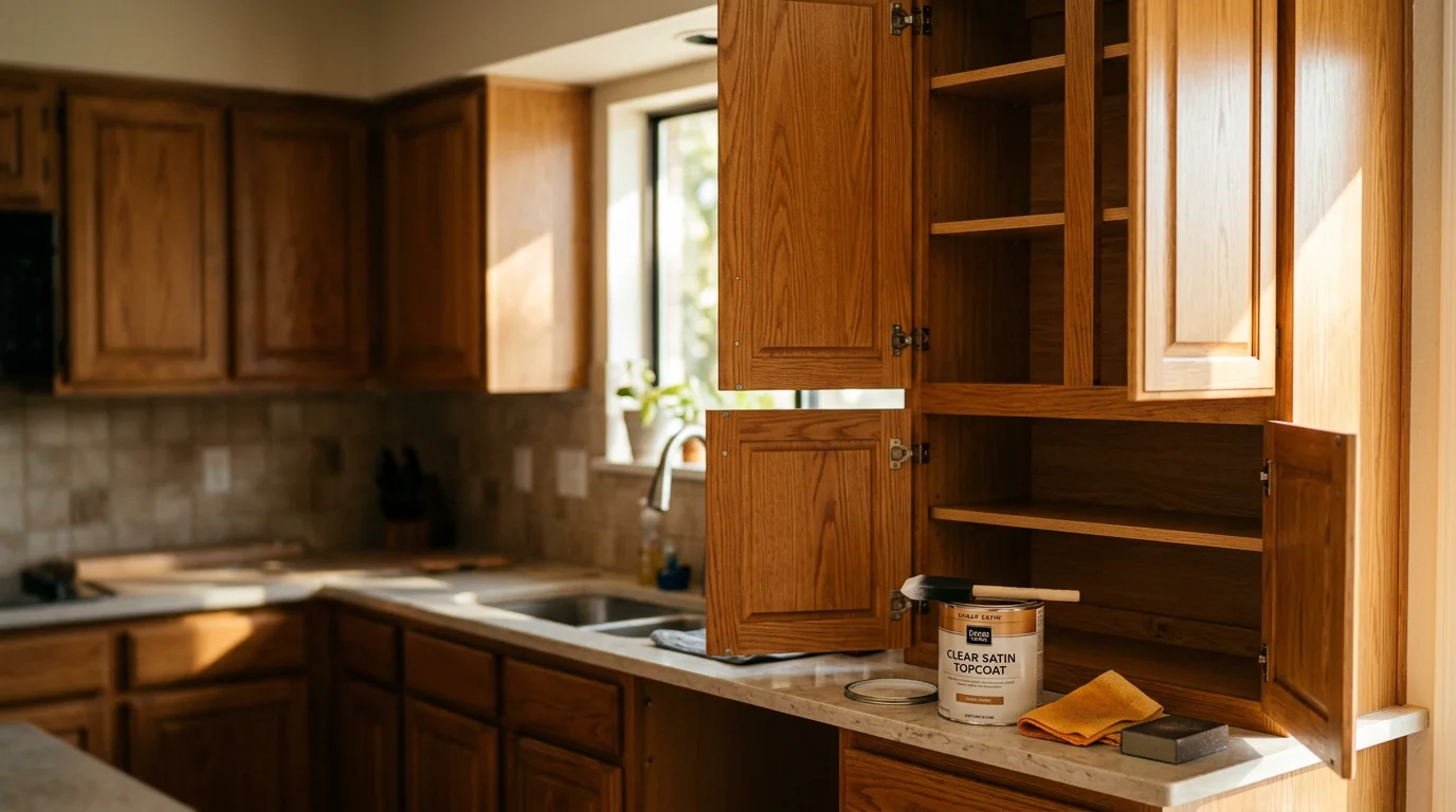 Freshly refinished white kitchen cabinets in a single-family home in Lakeway, TX, showing smooth painted doors and updated hardware against a neutral kitchen backdrop. Close-up view highlights an even, clean finish on the cabinet door faces and drawer fronts.