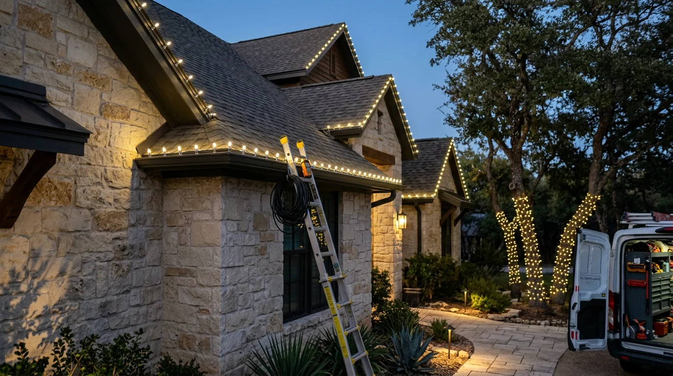 Professional Christmas lighting installation on a two-story Hill Country home in Lakeway, TX, with roofline strand lighting and wrapped oak trees visible from the street. Warm white lights outline the roofline and front walkway against a dark evening sky.