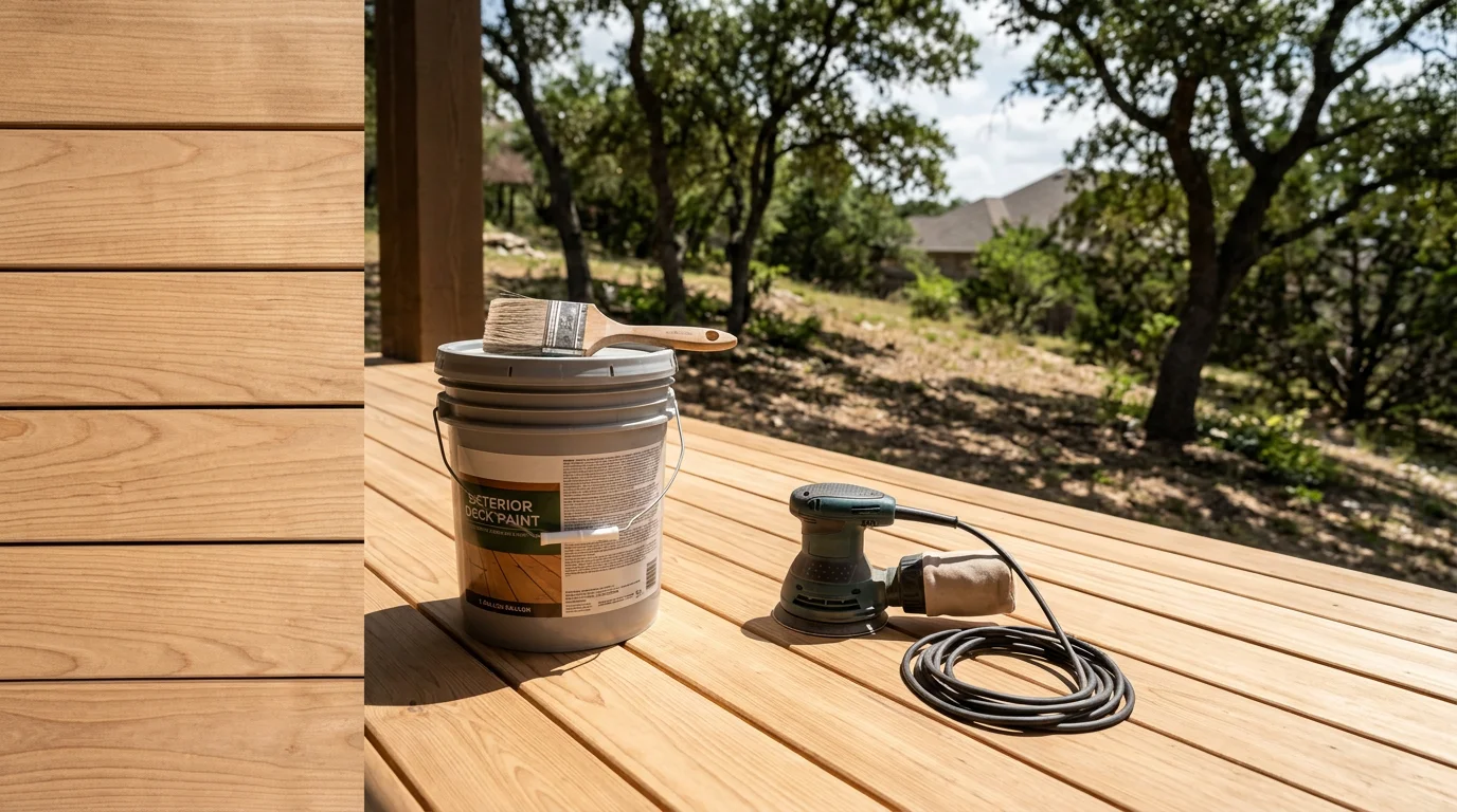 A freshly painted wood deck on a single-family home in Lakeway, TX, with clean, even color and no peeling or weathering visible. The deck overlooks a sloped Hill Country backyard under bright Central Texas sunlight.