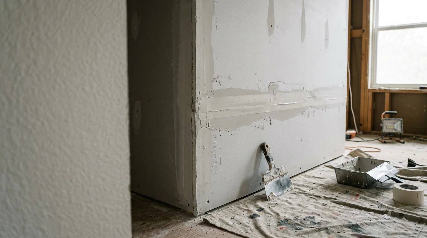 A freshly finished interior wall in a Lakeway, TX home showing a smooth, seam-free surface ready for paint. The room features the open layout common to Hill Country-style homes in the area.