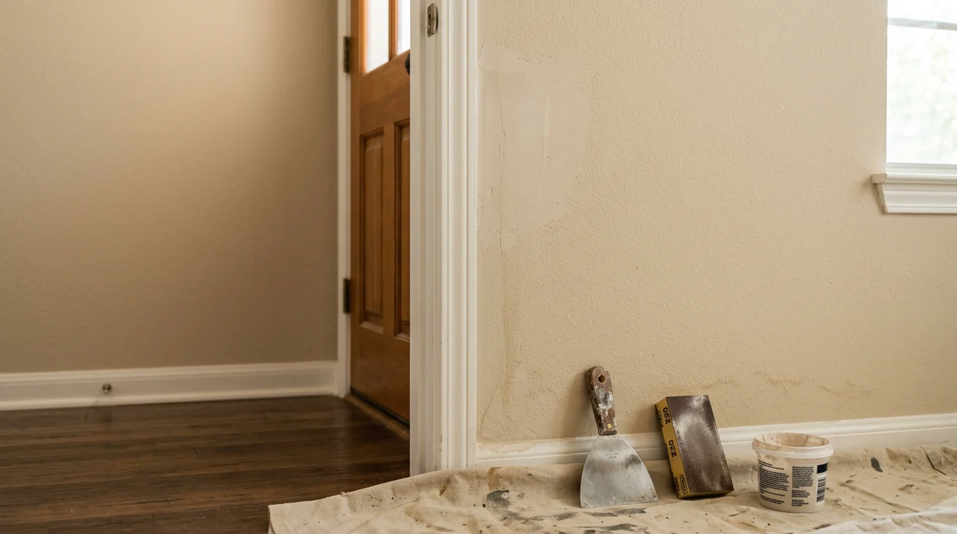 A freshly patched and textured drywall wall in a Lakeway, TX home interior, showing a smooth repair blended into the surrounding surface. The repaired area is primed and ready for paint with no visible seam or edge.