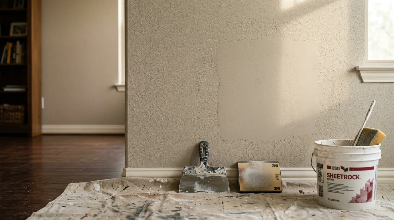 A freshly repaired and textured interior wall in a Lakeway, TX single-family home, showing a smooth patch that blends with the surrounding wall surface. The repair covers a previously damaged section near a doorframe in a well-lit living area.