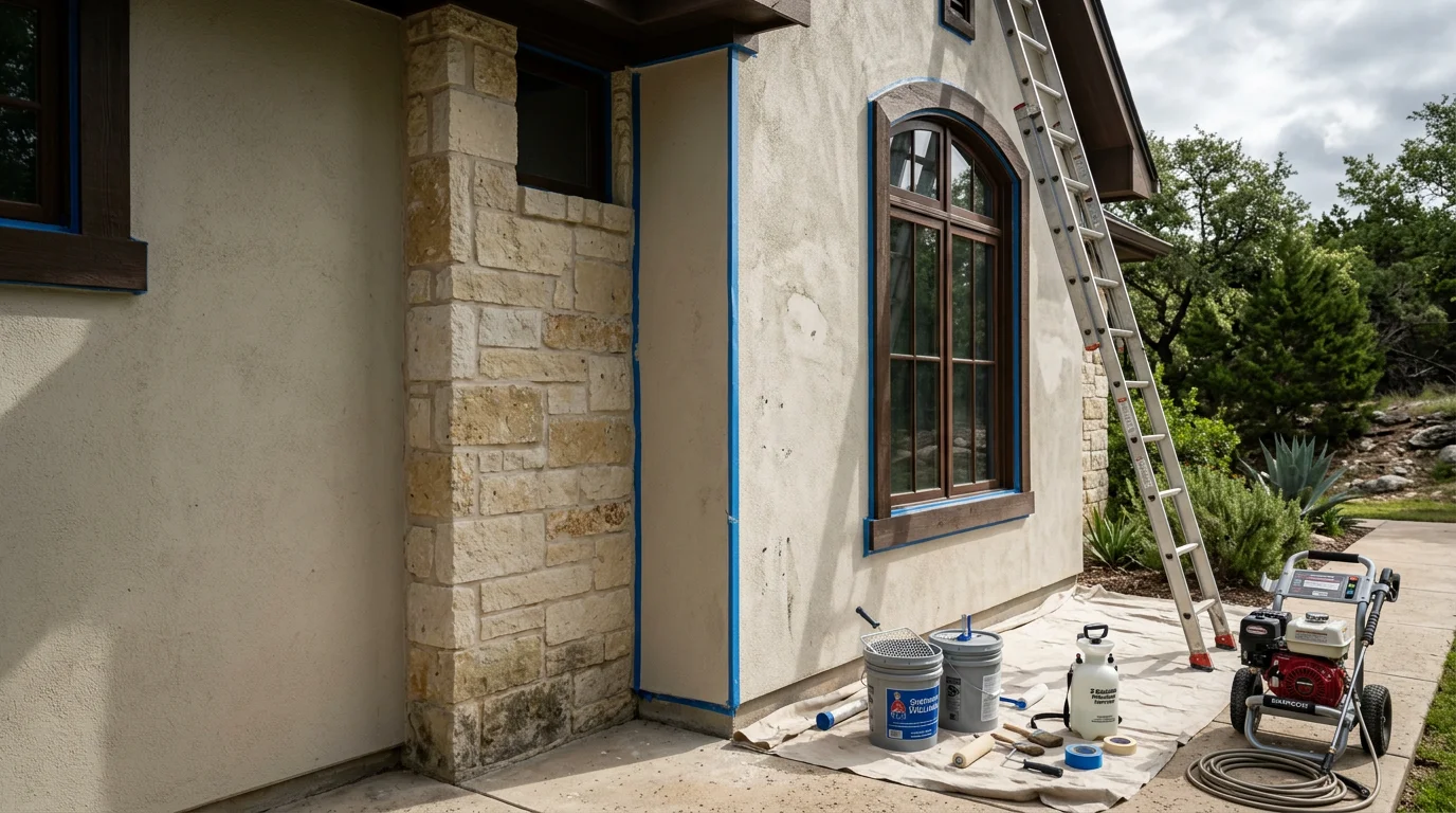 A freshly painted single-family home exterior in Lakeway, TX, showing clean trim lines, consistent siding color, and masked windows on a Hill Country residential street. The finished surface reflects a smooth, even coat suited to the area's sun exposure and humidity.