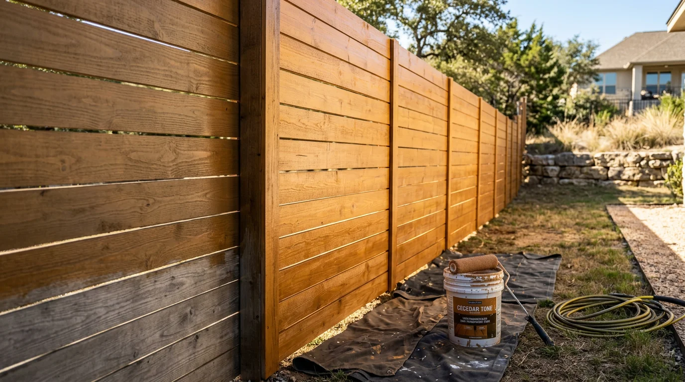 A wood privacy fence along a residential property in Lakeway, TX, freshly painted in a solid neutral tone with clean, even coverage on all boards. The fence runs alongside a well-kept yard under bright Central Texas sunlight.