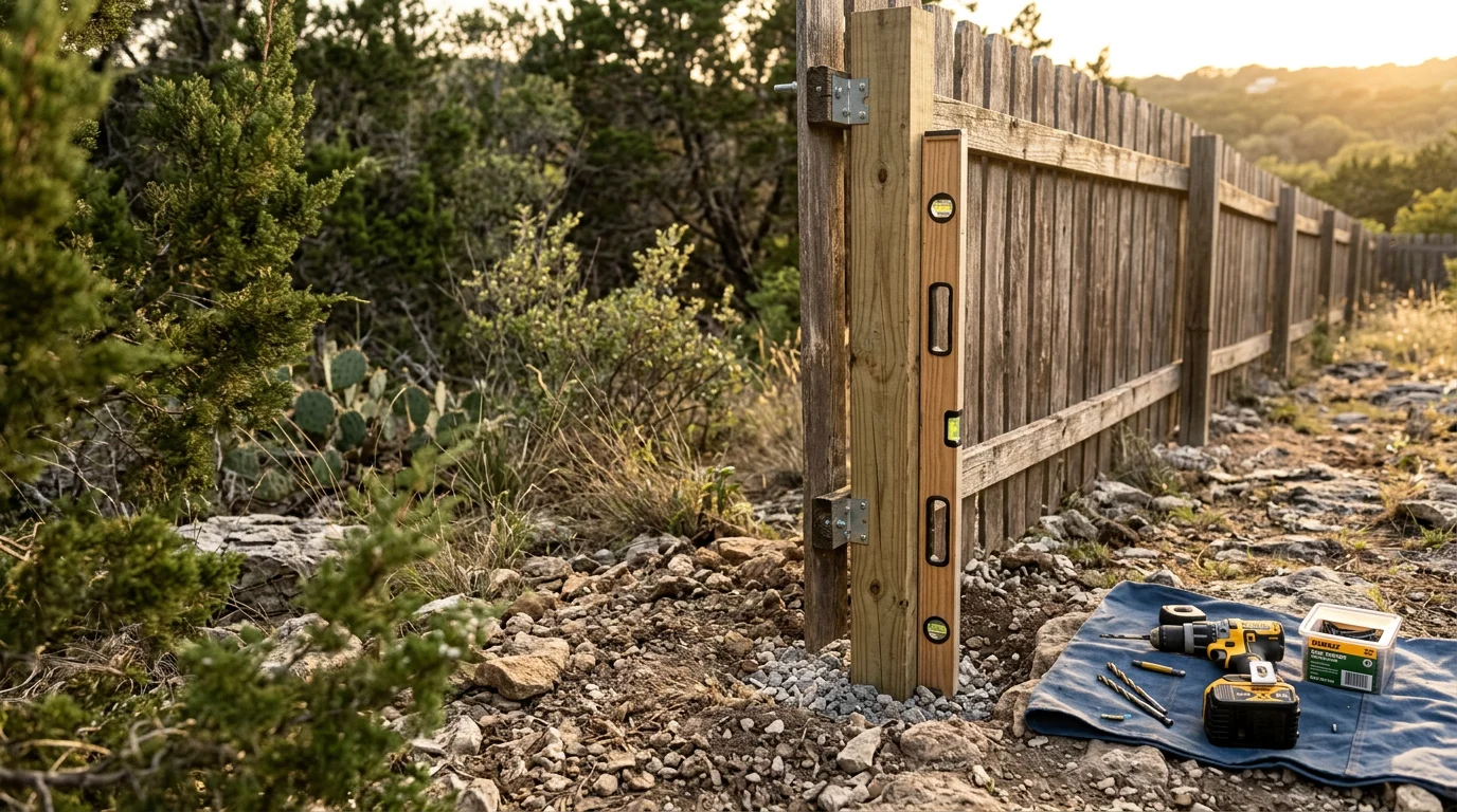 A repaired wood privacy fence with straight posts and new pickets on a sloped residential lot in Lakeway, TX. The fence line runs along a Hill Country yard with limestone-rocky ground visible at the base of the posts.