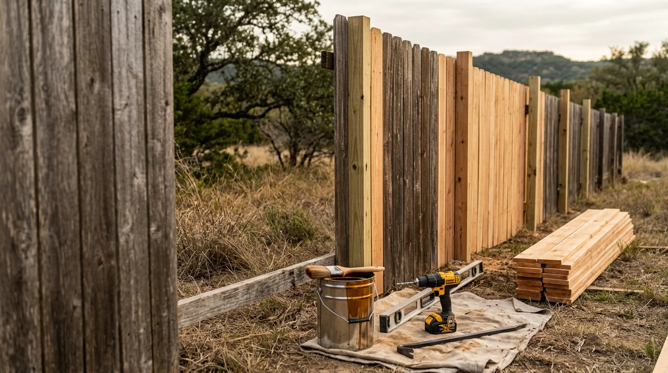 A restored wood privacy fence at a residential property in Lakeway, TX, showing clean boards, a uniform protective finish, and straight post alignment. The fence runs along a backyard boundary typical of Central Texas hill country neighborhoods.