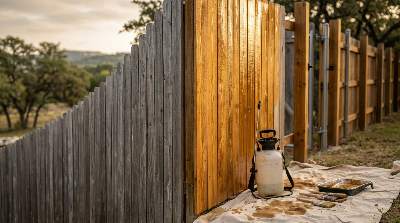 A freshly stained wood privacy fence at a Lakeway, TX residential property, showing rich, even color on boards, posts, and gate after professional staining and sealing. The fence line runs along a landscaped backyard typical of Hill Country homes near Lake Travis.