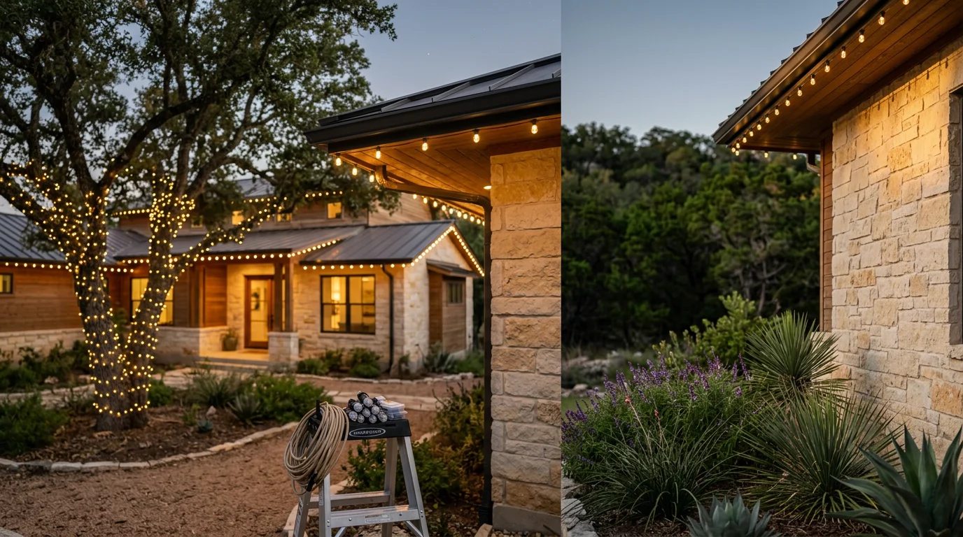 A Lakeway, TX home with Hill Country-style architecture displaying professionally installed holiday lighting along the roofline, eaves, and mature oak trees in the front yard. The exterior limestone facade and landscaping are fully lit against a clear Texas winter evening sky.