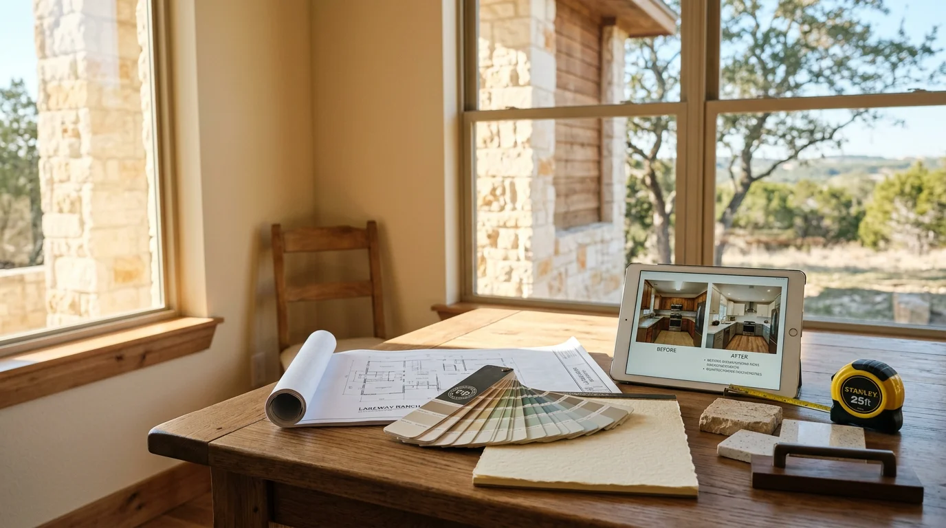 A Apex Homeward Improvements consultant reviewing a single-story ranch-style home interior with a Lakeway homeowner, noting areas for improvement on a notepad. The consultation takes place in a lived-in kitchen with Hill Country-style finishes typical of established Lakeway neighborhoods.