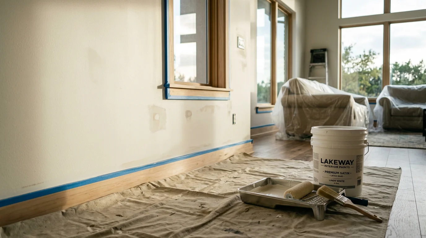 Interior living room of a Lakeway, TX Hill Country home freshly painted in a warm neutral tone, with clean trim lines and natural light coming through large windows. A sole proprietor painter from Apex Homeward Improvements applies a second coat to an accent wall beside a vaulted ceiling.