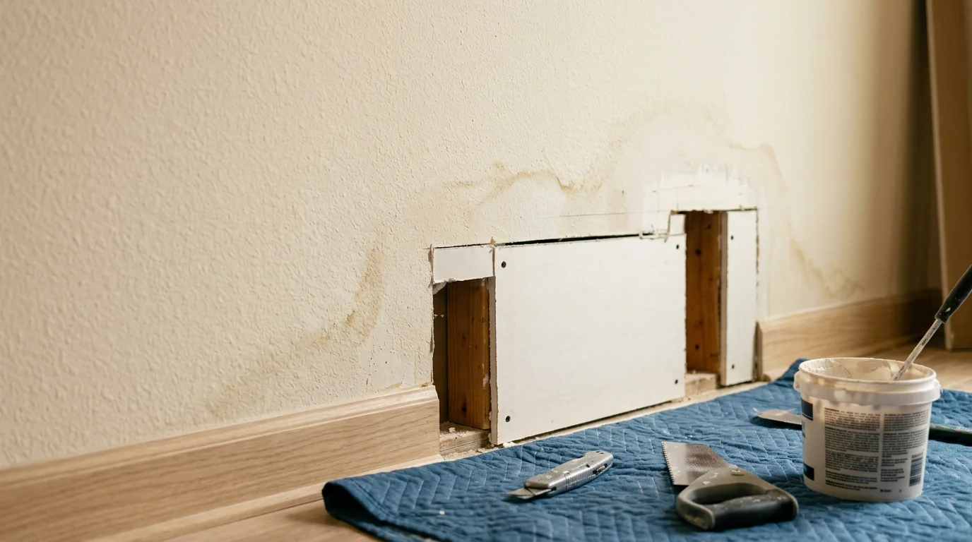 Interior wall of a Lakeway, TX home showing a freshly repaired and retextured drywall section after water damage removal. The repaired area blends with the surrounding wall surface, with no visible staining or soft spots remaining.
