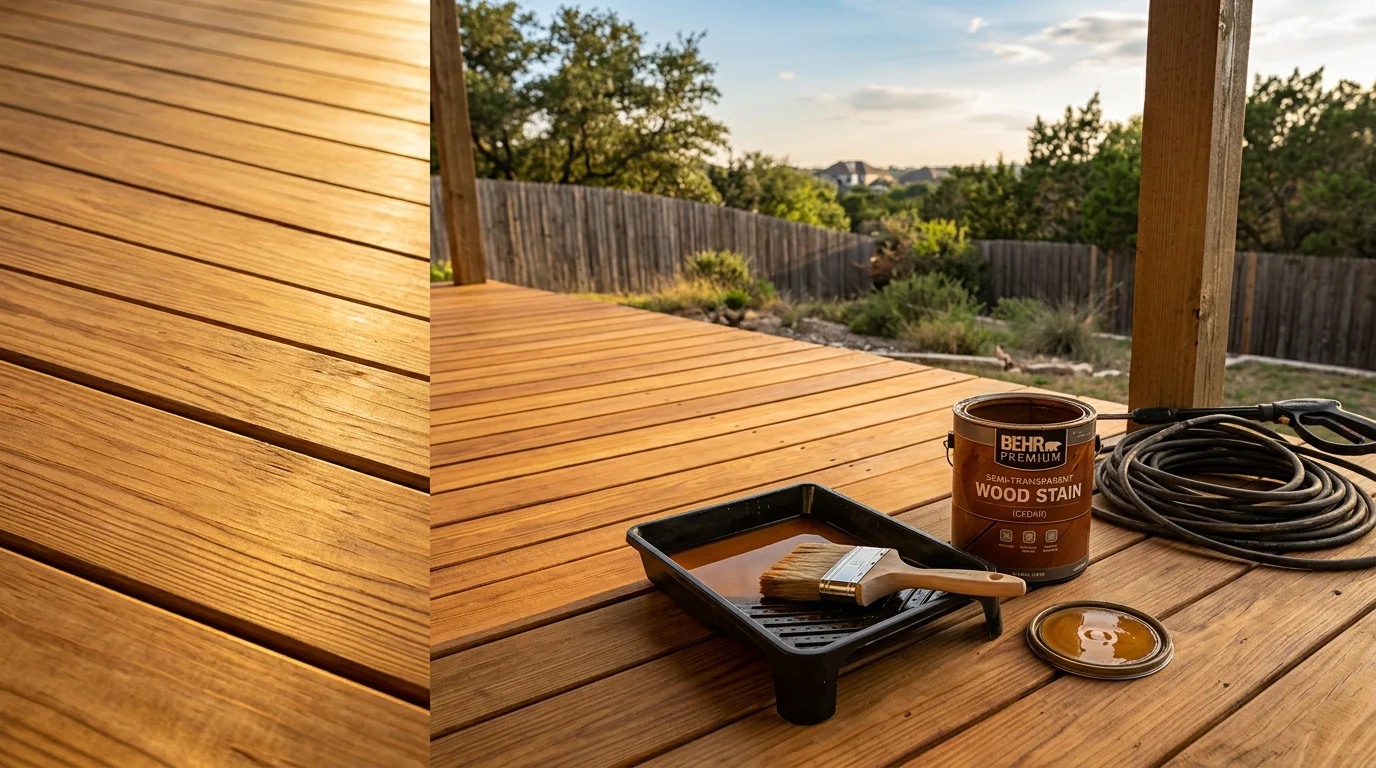 A freshly stained wood deck on a Lakeway, TX home with even color and visible wood grain, surrounded by a matching stained fence line. The surface shows no graying or cracking, with a clean finish applied across all boards.